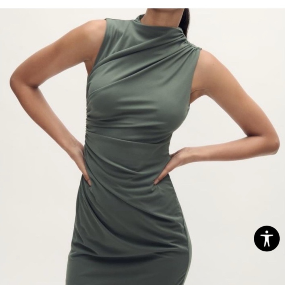 Zara Green Ruched Sheath Dress Mock Neck Midi